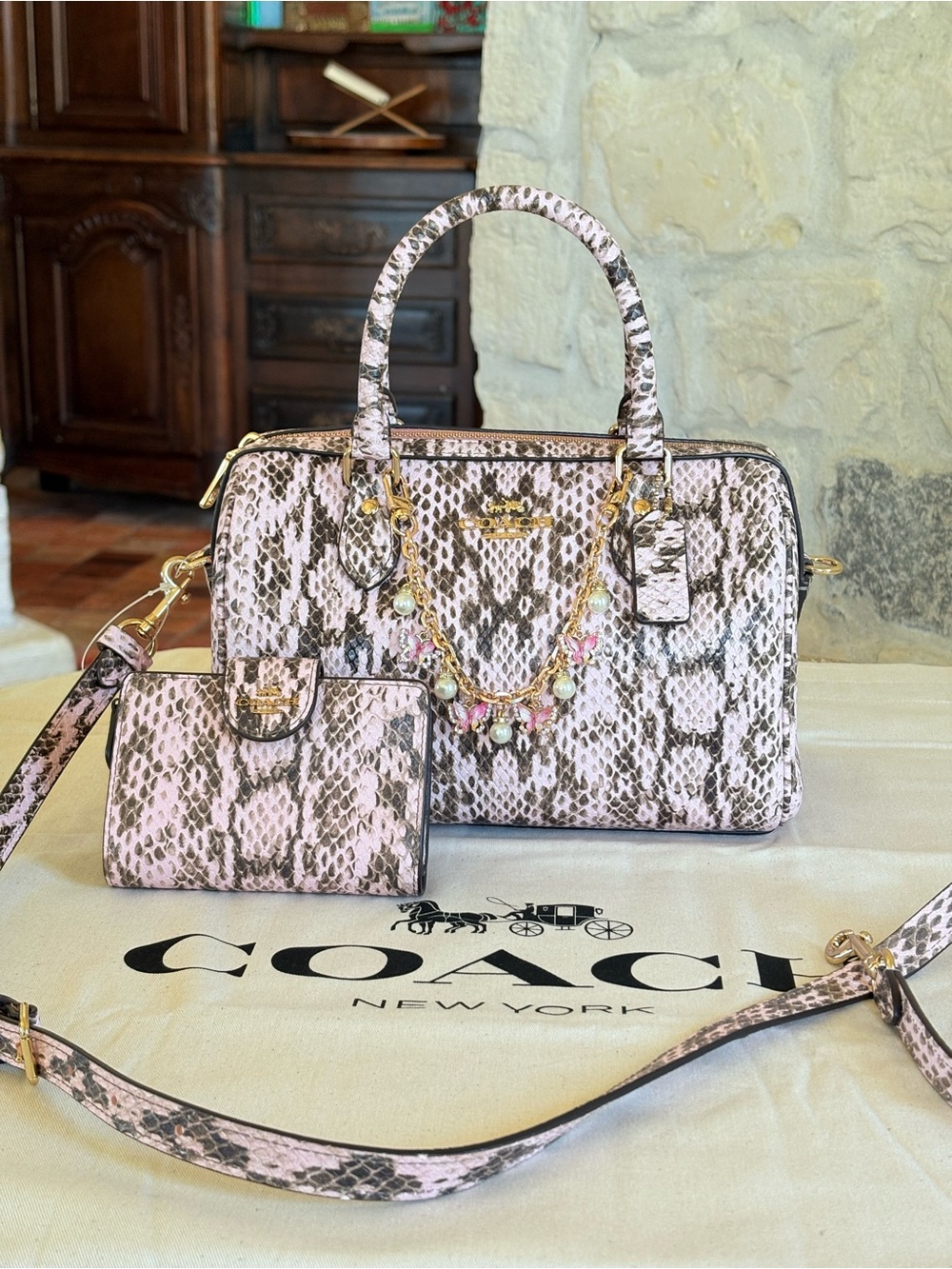 Coach Pink Snake-Print Satchel with Matching Wallet and Charm Chain